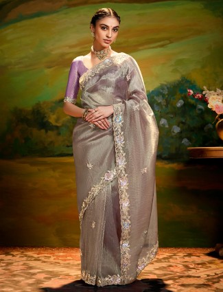 Grey silk saree featuring sequins detailing