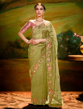 Olive silk saree for wedding celebrations