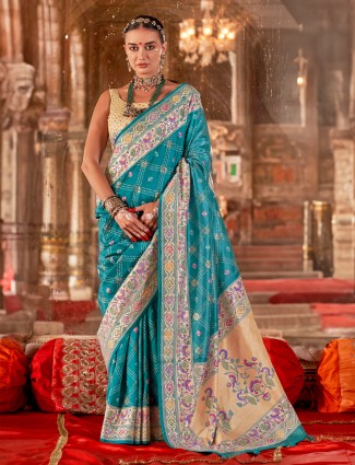 Aqua silk saree featuring bandhej design