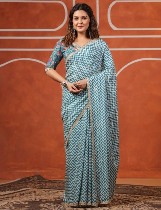 Bright blue muslin saree ideal for celebrations