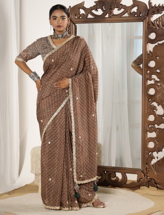 Classic brown muslin saree with pre stitched blouse