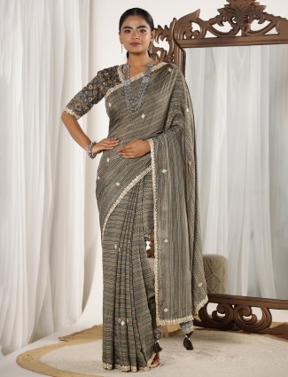 Brown festive style muslin saree