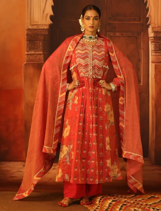 Red printed cotton silk salwar suit for women