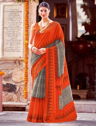 Orange and black festive wear printed bhagalpuri silk saree