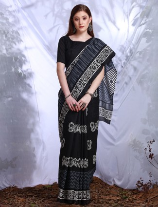 Black bhagalpuri silk saree printed with