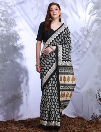 Black and white printed bhagalpuri silk saree