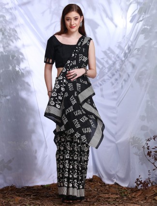 Bhagalpuri black silk saree with prints