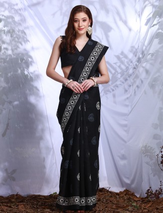 Black bhagalpuri silk saree with classy print