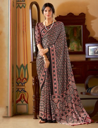Black printed saree in premium japan silk