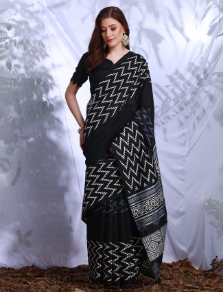 Black bhagalpuri silk saree with zig zag print