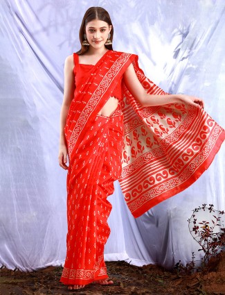Bright red printed bhagalpuri silk saree