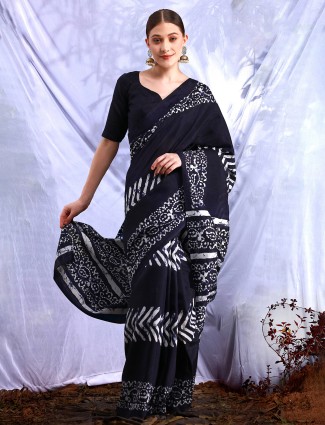 Dark blue bhagalpuri silk saree with print