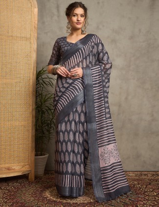 Dark grey pure linen printed saree