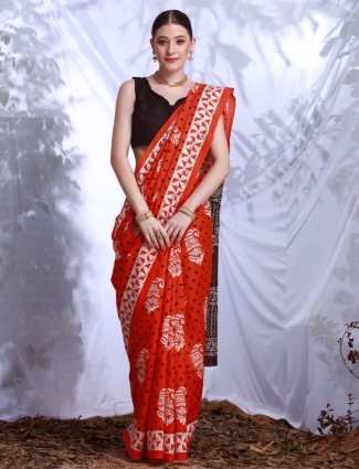 Dark orange printed saree bhagalpuri silk