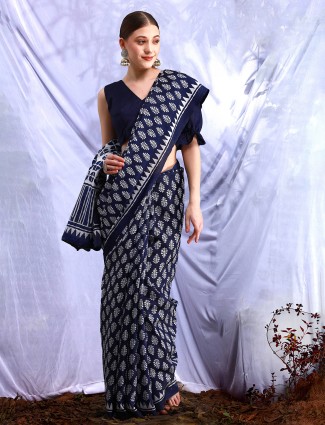 Navy bhagalpuri silk saree with chic prints