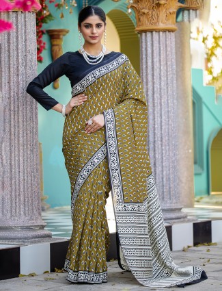 Olive printed bhagalpuri silk saree