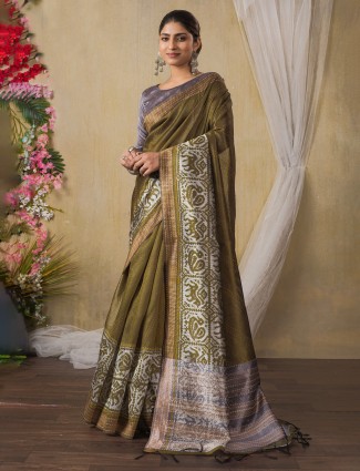 Pastel olive printed shynthetics saree for festive