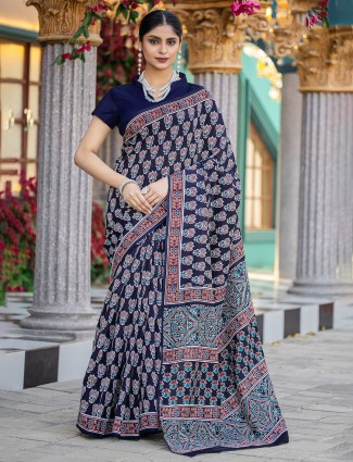 Navy printed bhagalpuri silk festive wear saree