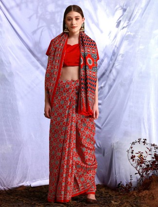 Printed bhagalpuri silk red saree