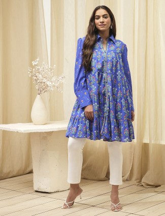 Blue printed silk casual kurti for women
