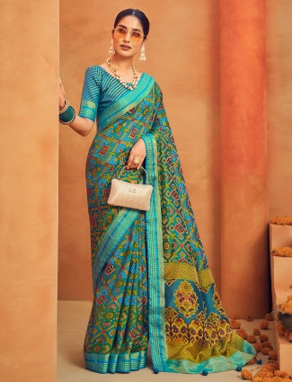 Aqua georgette saree with print