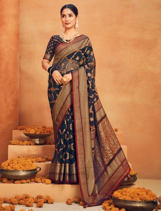 Navy zari worked georgette saree for festival
