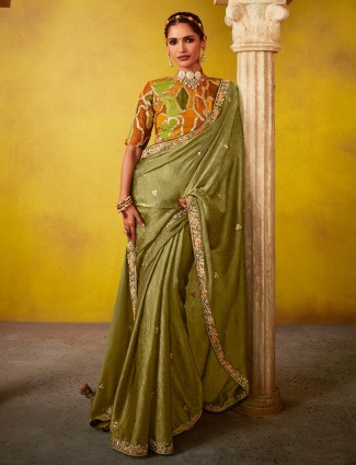 Olive silk saree for party wear