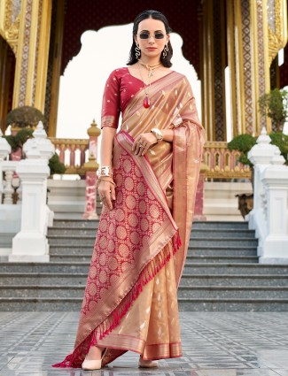 Maroon tissue silk festive wear zari worked saree