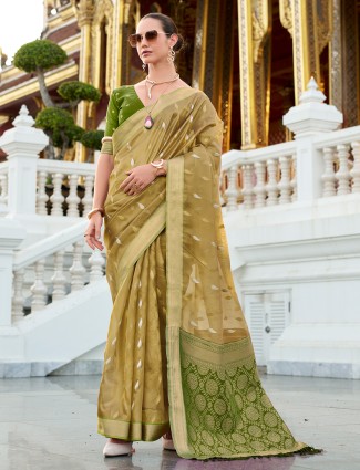 Olive tissue silk zari worked saree