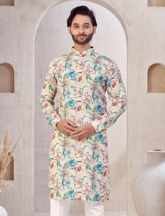 Dark purple printed cotton silk kurta pajama for men