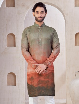Printed brown cotton kurta suit for festive wear