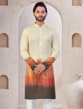Brown and cream printed cotton kurta suit for mens