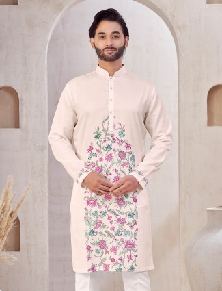 Dark purple printed cotton silk kurta pajama for men