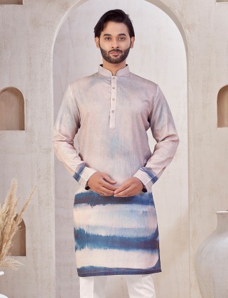 Printed lilac purple cotton kurta suit for men