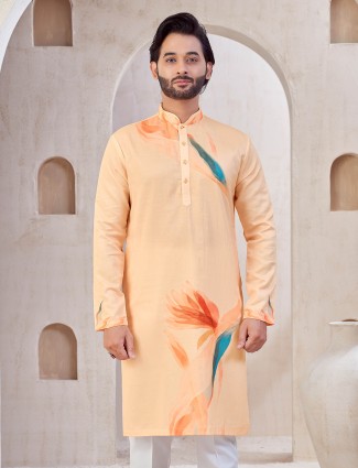 Cotton printed kurta suit for men in peach