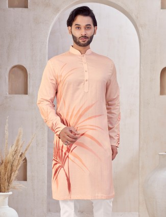 Printed cotton peach kurta suit for festive wear