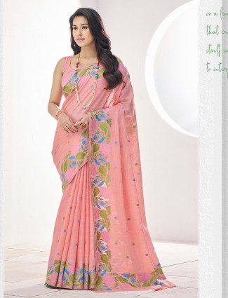 Peach linen saree with thread work