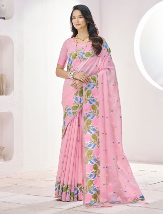 Linen pink saree for festival for women