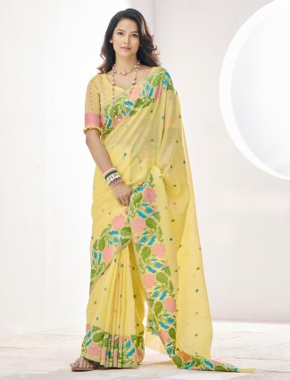 Yellow festive special saree in soft linen