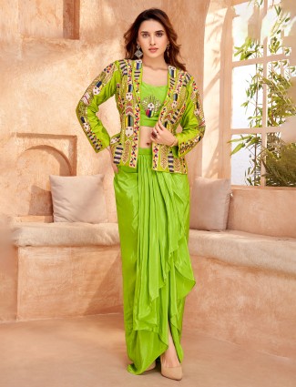 Bright green satin silk indowestern suit jacket