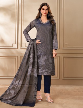 Navy printed salwar suit in soft organza