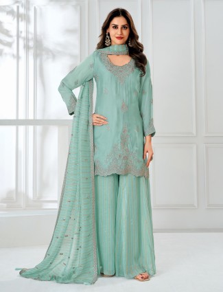 Soothing mint blue satin palazzo ensemble for stylish events