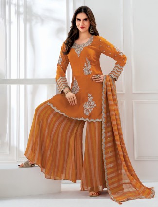 Bright and elegant orange satin palazzo suit for festive days