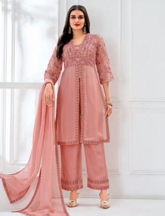 Festive ready pink organza palazzo outfit with subtle sheen