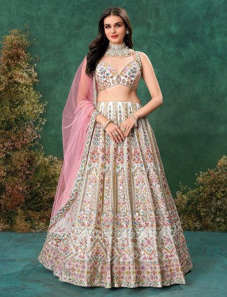 Intricately embroidered white georgette bridal lehenga