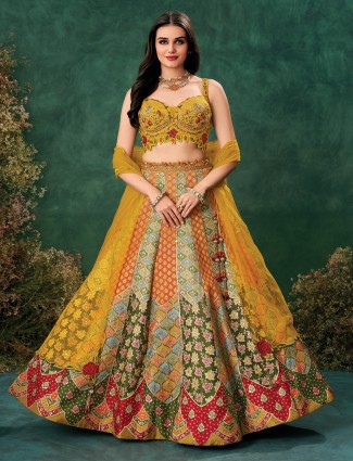 Sunshine yellow raw silk lehenga for haldi functions