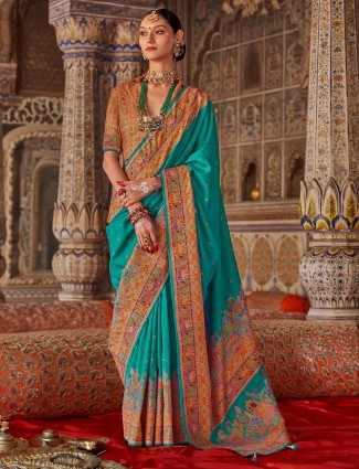 Festive aqua silk saree showcasing intricate print work