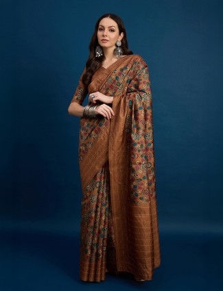 Stylish brown printed saree in smooth cozi silk fabric