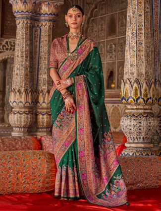 Graceful green printed silk saree with elegant zari embellishment