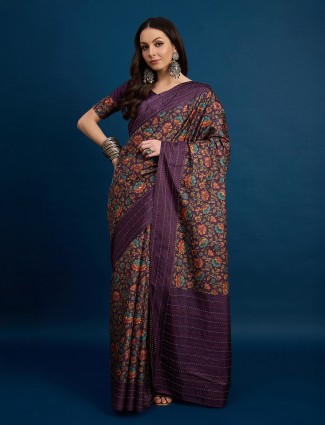 Graceful purple cozi silk saree with artistic prints and thread embroidery